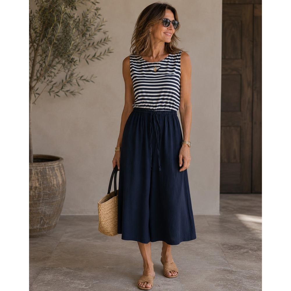 Talbots Jumpsuit Women 16P Navy White Stripe Sleeveless Wide Leg Preppy Vacation